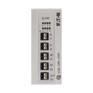 Eaton EU5E-SWD-4D4D, White plastic casing with black dinrail mounting, multiple sets of pushin terminal blocks labelled I0-I3 Q0-Q3 24V 0V with LEDs labelled 0-7
