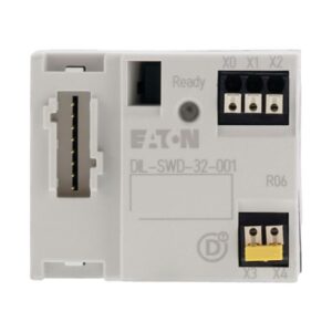 Eaton DIL-SWD-32-002, white and black plastic moulding with smartwire connection, push in terminal block labelled X0-X2 and status LED
