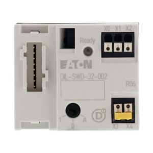 Eaton DIL-SWD-32-002, white and black plastic moulding with smartwire connection terminal, 3 pushing terminals marked X0-X2, Jumper link terminals marked X3 & X4, rotary dial marked 1-0-A and Status LED