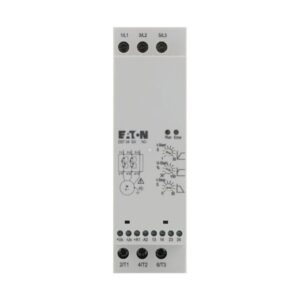 Eaton DS7 series, White plastic drive with connection terminals top and bottom for mains power, terminals for inputs, status LEDs, parameter dials and circuit diagram.