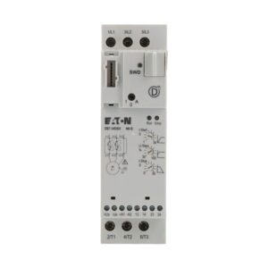 Eaton DS7-34DSX-NO-D, White plastic drive with connection terminals top and bottom for mains power, terminals for inputs, status LEDs, smartwire SWD plug, parameter dials and circuit diagram.