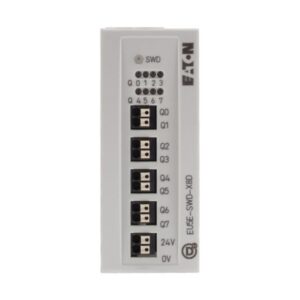 Eaton EU5E-SWD-X8D, White plastic casing with black dinrail mounting, 5 sets of pushin terminal blocks labelled Q0-Q7 24V 0V with LEDs labelled 0-7