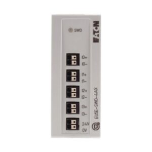 Eaton EU5E-SWD-4AX, White plastic casing with black dinrail mounting, multiple sets of pushin terminal blocks labelled I0+/- to I3+/- 24V 0V with LEDs labelled 0-7