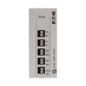 Eaton EU5E-SWD-2A2A, White plastic casing with black dinrail mounting, multiple sets of pushin terminal blocks labelled I0+/- to I1+/- Q0+/- to Q1+/- 24V 0V with LEDs labelled 0-7