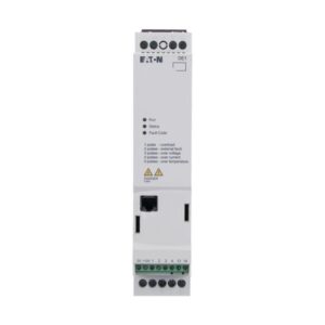 Eaton DE1 series drive, White and black plastic moulding with screw terminals top and bottom, green terminal IO strip, ethernet port, 3 Status LEDs