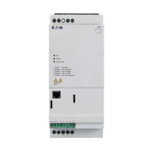 Eaton DE1 series drive, White and black plastic moulding with screw terminals top and bottom, green terminal IO strip, ethernet port, 3 Status LEDs