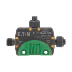 Eaton EU1E-SWD-1DX, black and green plastic module with one SWD in M12 socket, one SWD out M12 socket and one M12 IO socket.