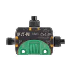 Eaton EU1E-SWD-2DX, black and green plastic module with one SWD in M12 socket, one SWD out M12 socket and one M12 IO socket.