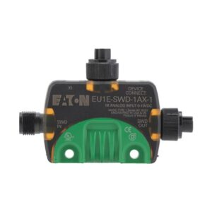 Eaton EU1E-SWD-1AX-1, black and green plastic module with one SWD in M12 socket, one SWD out M12 socket and one M12 IO socket.