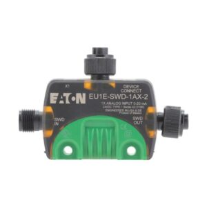 Eaton EU1E-SWD-1AX-2, black and green plastic module with one SWD in M12 socket, one SWD out M12 socket and one M12 IO socket.