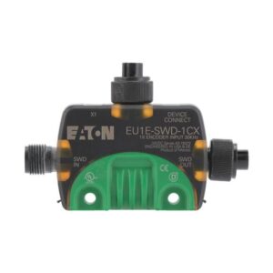 Eaton EU1E-SWD-1CX, black and green plastic module with one SWD in M12 socket, one SWD out M12 socket and one M12 IO socket.