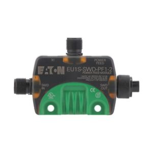 Eaton EU1S-SWD-PF1-2 black and green plastic module with one SWD in M12 socket, one SWD out M12 socket and one M12 Power socket.