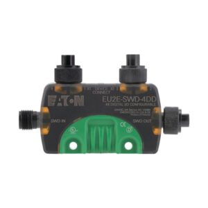 Eaton EU2E-SWD-4DD, black and green plastic module with one SWD in M12 socket, one SWD out M12 socket and two M12 IO sockets.