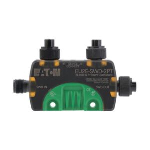 Eaton EU2E-SWD-2PT, black and green plastic module with one SWD in M12 socket, one SWD out M12 socket and two M12 IO sockets.