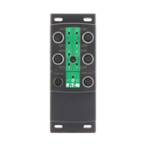 Eaton EU6E-SWD-8DD, black plastic block with 6 M12 sockets and green label strip down the middle