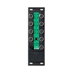 Eaton EU8E-SWD-16DD, Black plastic fixing block with 12 M12 sockets and green label strip down the middle
