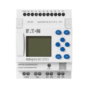Eaton Easy-E4-DC-12TC1, White plastic module with connection terminals top and bottom for digital inputs, outputs, Power LED, LCD screen, white connection plug to the side.