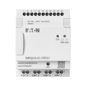 Eaton Easy-E4-AC-12RCX1, White plastic module with connection terminals top and bottom for digital inputs, outputs, Power LED, white connection plug to the side.