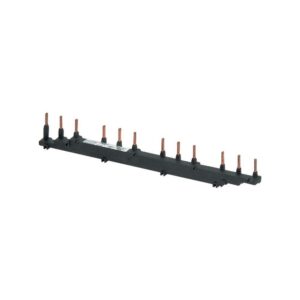Eaton DILM12-XDSB0/4, black plastic with 4 sets of 3 copper connection prongs spaced equally across the bar, side angle