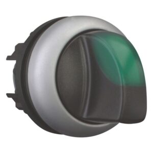 Eaton M22-WRK3, grey and black circular plastic moulding with transparent green and black thumb grip