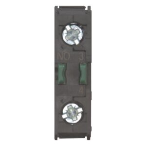 Eaton M22-KC10, black plastic moulding with 2 screws and green contact connections labelled NO