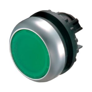 Eaton M22-D-G, grey and black circular plastic moulding with flush green push button
