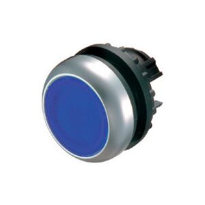 Eaton M22-DL-B, grey and black circular plastic moulding with flush blue push button