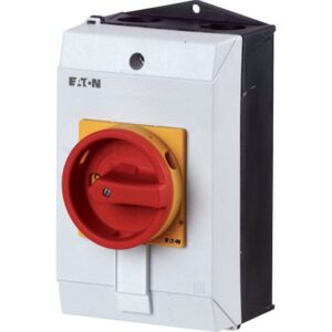 Eaton P1-25/I2H/SVB, red circular thumb grip handle on yellow plastic attached to white and black plastic enclosure.