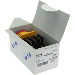 Eaton P1-25/EA/SVB, red circular thumb grip on yellow plastic attached to a black plastic terminal block, side angle