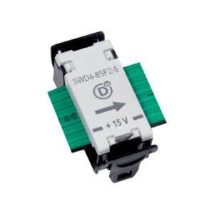 Eaton SWD4-8SF2-5, black and white moulded plug with green smartwire ribbon cable through the middle, side angle