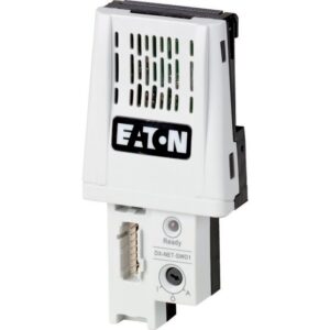 Eaton DX-NET-SWD1, white and black plastic moulding with smartwire connection, rotary dial labelled I-O-A and status LED, side angle