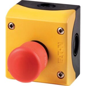 Eaton M22-PV/KC11/IY, yellow and black metal casing with 4 lid screws and red mushroom push button, side angle