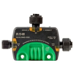 Eaton EU1E-SWD-2DD, black and green plastic moulding with M12 in and out, M12 connection on top with status LEDs