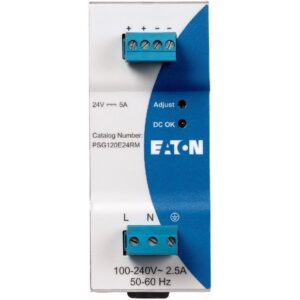Eaton PSG120E24RM, white and blue metal casing with blue terminal blocks labelled ++ -- and L N Earth with status LED