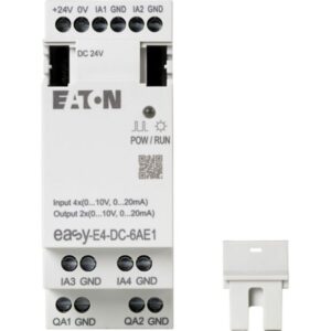 Eaton Easy-E4-DC-6AE1, White plastic module with connection terminals top and bottom for analogue inputs, outputs, Power LED, white connection plug to the side.
