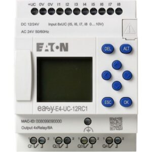 Eaton Easy-E4-UC-12RC1, White plastic module with connection terminals top and bottom for digital inputs and outputs, Power LED and LCD screen with blue push buttons.