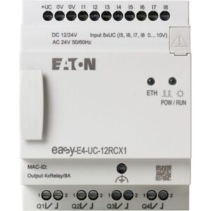 Eaton Easy-E4-UC-12RCX1, White plastic module with connection terminals top and bottom for digital inputs and outputs and Power LED, white connection plug to the side.