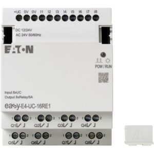 Eaton Easy-E4-UC-16RE1, White plastic module with connection terminals top and bottom for digital inputs and outputs and Power LED, white connection plug to the side.