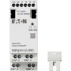 Eaton Easy-E4-UC-8RE1, White plastic module with connection terminals top and bottom for digital inputs and outputs and Power LED, white connection plug to the side.