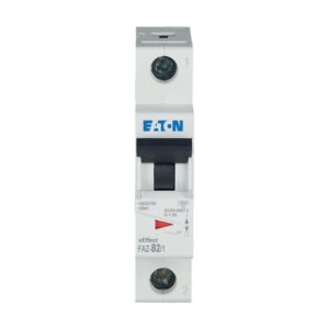 Eaton Faz-B2/1, white plastic casing with single black lever, 1 terminal connections top and bottom and red/green status indication