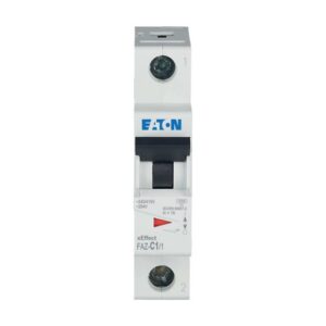 Eaton Faz-C1/1, white plastic casing with single black lever, 1 terminal connections top and bottom and red/green status indication