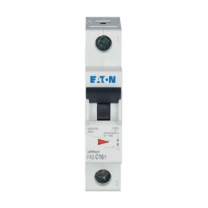Eaton Faz-C16/1, white plastic casing with single black lever, 1 terminal connections top and bottom and red/green status indication