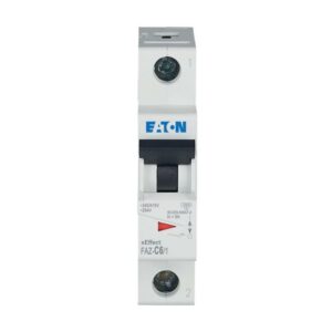 Eaton Faz-C6/1, white plastic casing with single black lever, 1 terminal connections top and bottom and red/green status indication