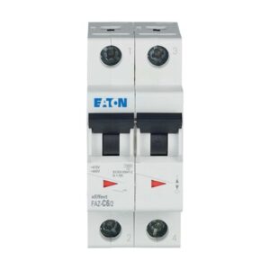 Eaton Faz-C6/2, white plastic casing with double black levers, 2 terminal connections top and bottom and red/green status indication