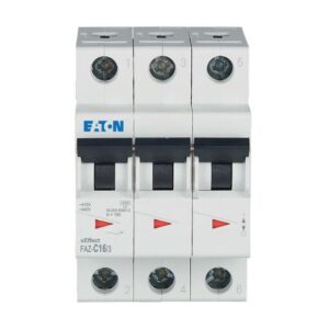 Eaton Faz-C16/3, white plastic casing with triple black levers, 3 terminal connections top and bottom and red/green status indication