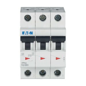Eaton Faz-C3/3, white plastic casing with triple black levers, 3 terminal connections top and bottom and red/green status indication