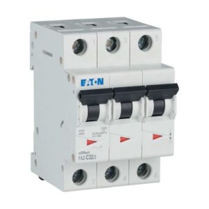 Eaton Faz-C32/3, white plastic casing with triple black levers, 3 terminal connections top and bottom and red/green status indication