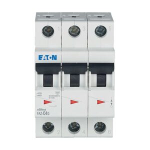Eaton Faz-C4/3, white plastic casing with triple black levers, 3 terminal connections top and bottom and red/green status indication