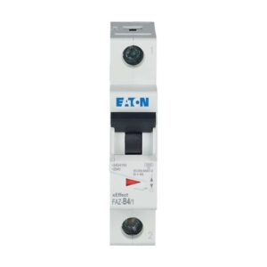 Eaton Faz-B4/1, white plastic casing with single black lever, 1 terminal connections top and bottom and red/green status indication
