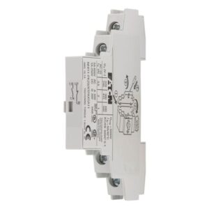 Eaton NHI11-PKZ0, thin white plastic moulding with two tier terminals top and bottom and wiring diagram, side angle